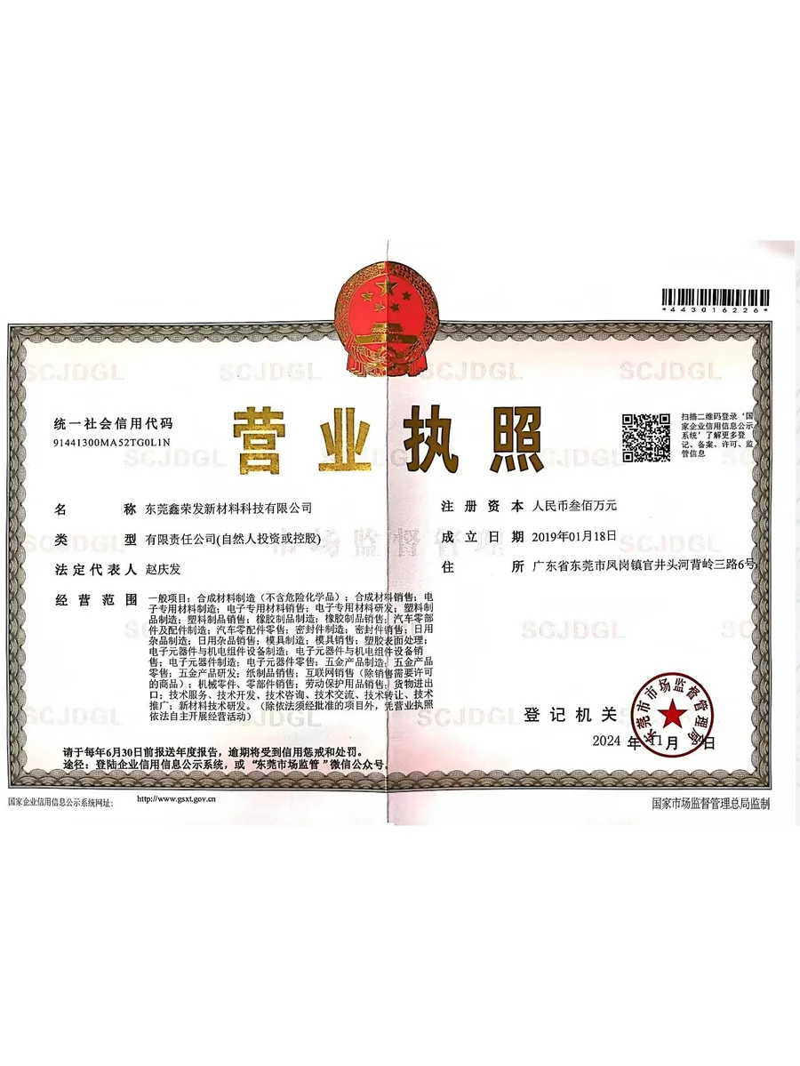 PRC business licence of Dongguan Xinrongfa New Material Technology Co., Ltd.